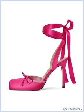 Satin Ballet Heels Lace Up Square Toe Stiletto High Bow Ballerina